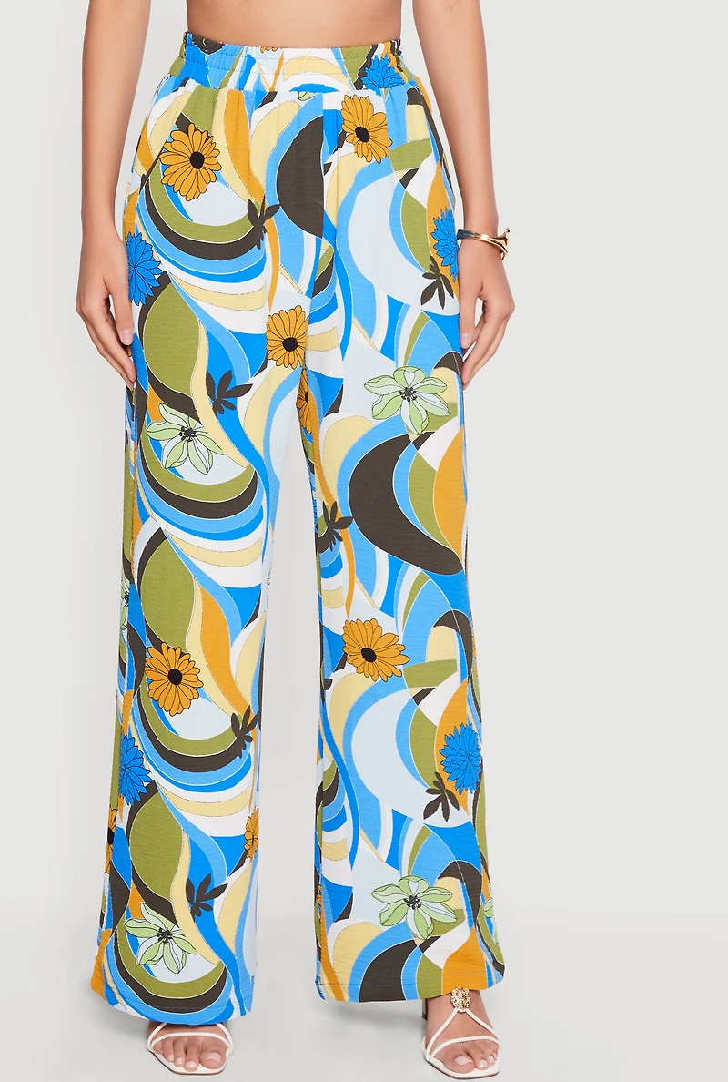Patterned Smocked Waist Crepe Knit Casual Pants