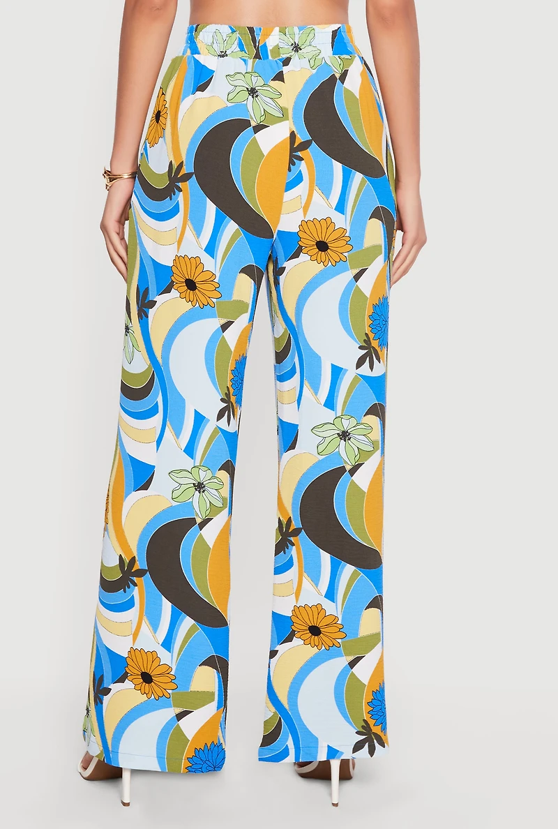 Patterned Smocked Waist Crepe Knit Casual Pants