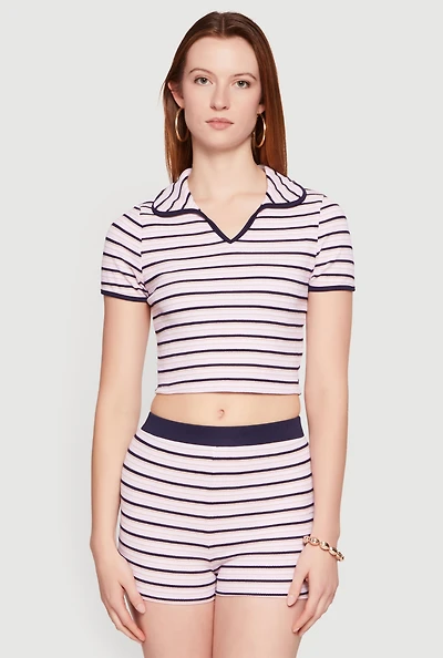 Striped Ribbed Knit Cropped Polo Top