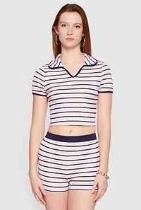 Striped Ribbed Knit Cropped Polo Top