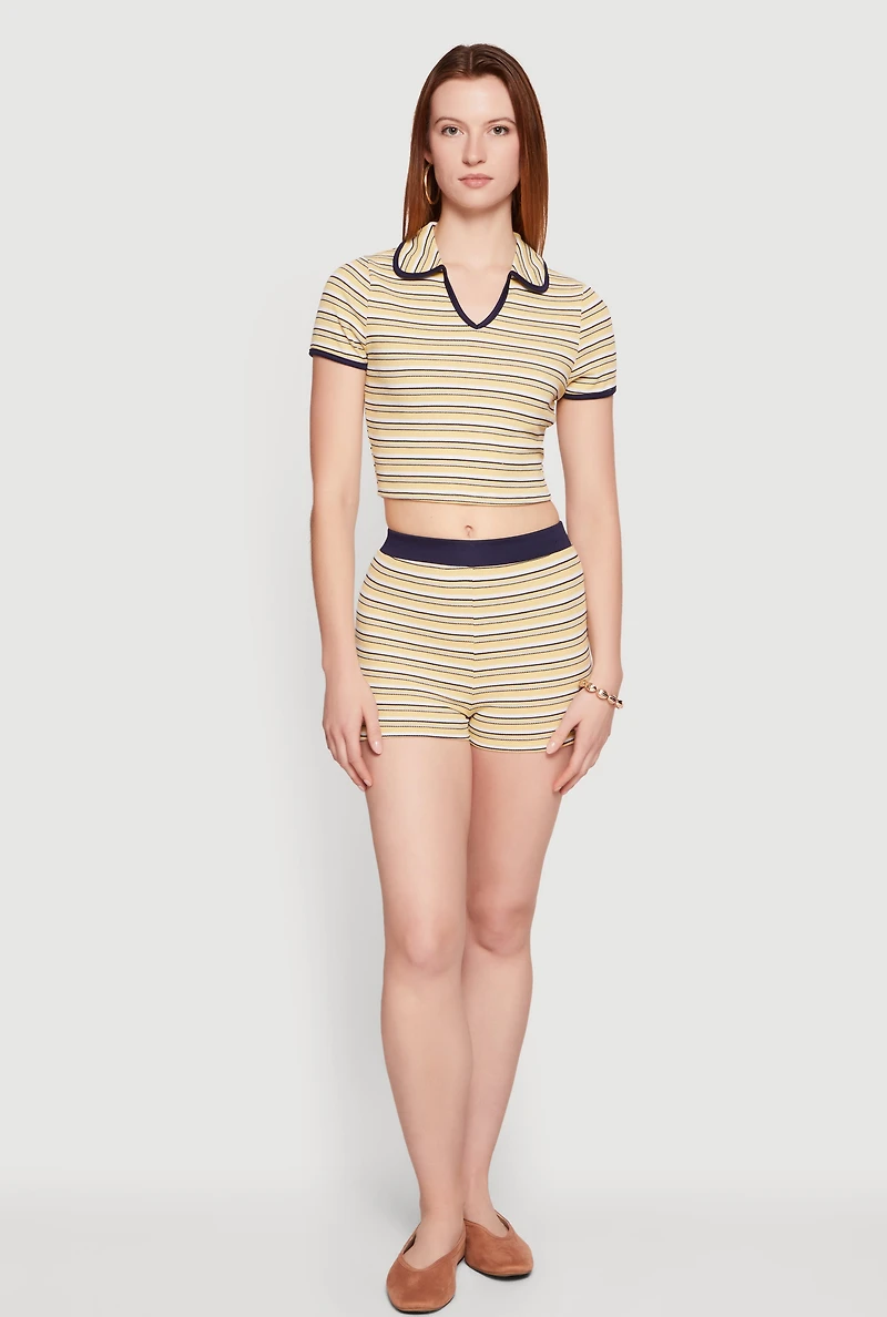 Striped Ribbed Knit Cropped Polo Top