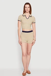 Striped Ribbed Knit Cropped Polo Top