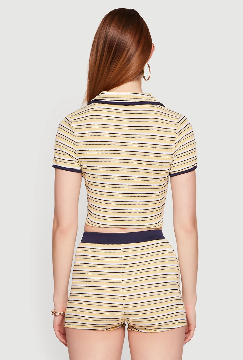 Striped Ribbed Knit Cropped Polo Top
