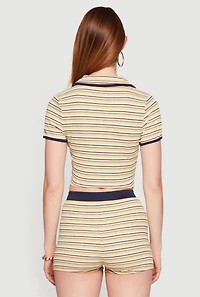 Striped Ribbed Knit Cropped Polo Top