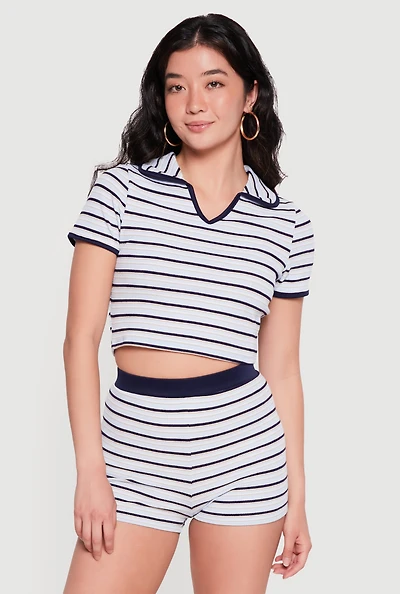 Striped Ribbed Knit Cropped Polo Top