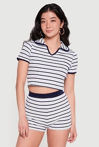 Striped Ribbed Knit Cropped Polo Top