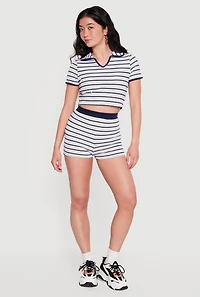 Striped Ribbed Knit Cropped Polo Top