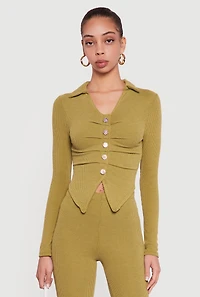 Long Sleeve Ruched Faux Button Front Collared Blouse