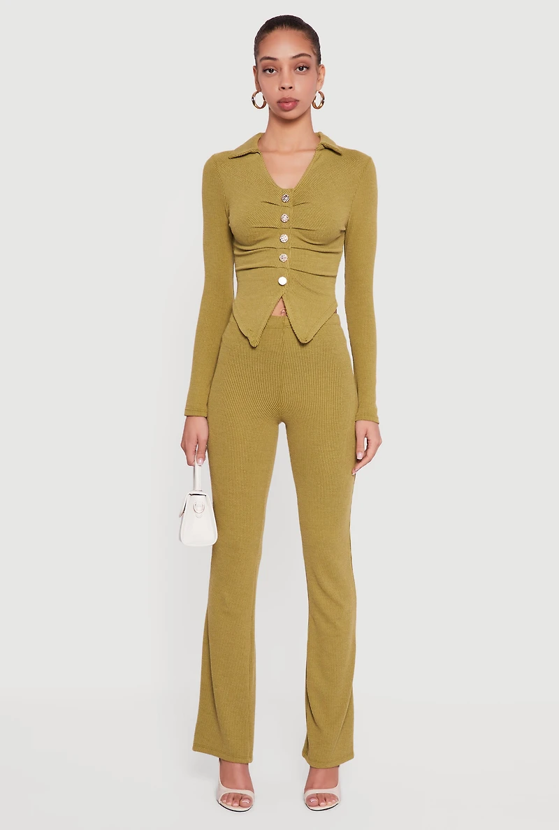 Long Sleeve Ruched Faux Button Front Collared Blouse