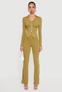 Long Sleeve Ruched Faux Button Front Collared Blouse