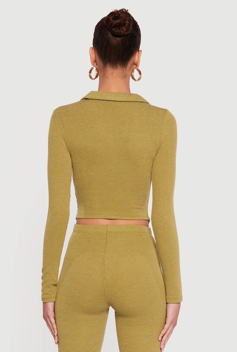 Long Sleeve Ruched Faux Button Front Collared Blouse