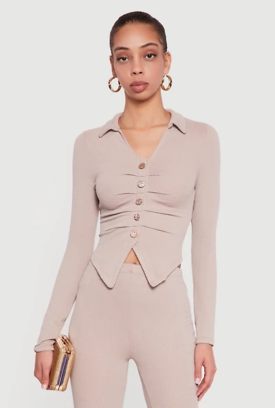 Womens Long Sleeve Ruched Faux Button Front Collared Blouse,