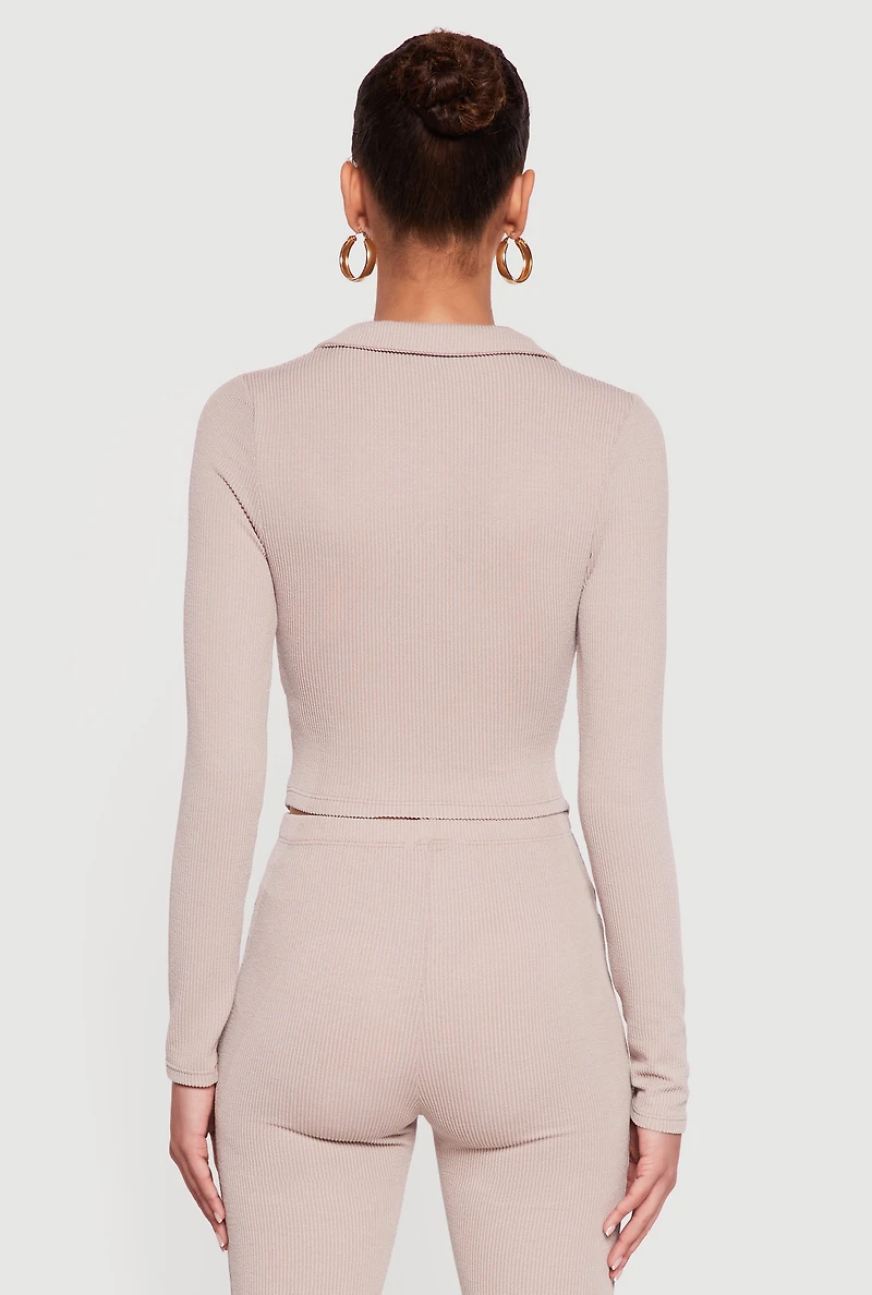 Womens Long Sleeve Ruched Faux Button Front Collared Blouse,