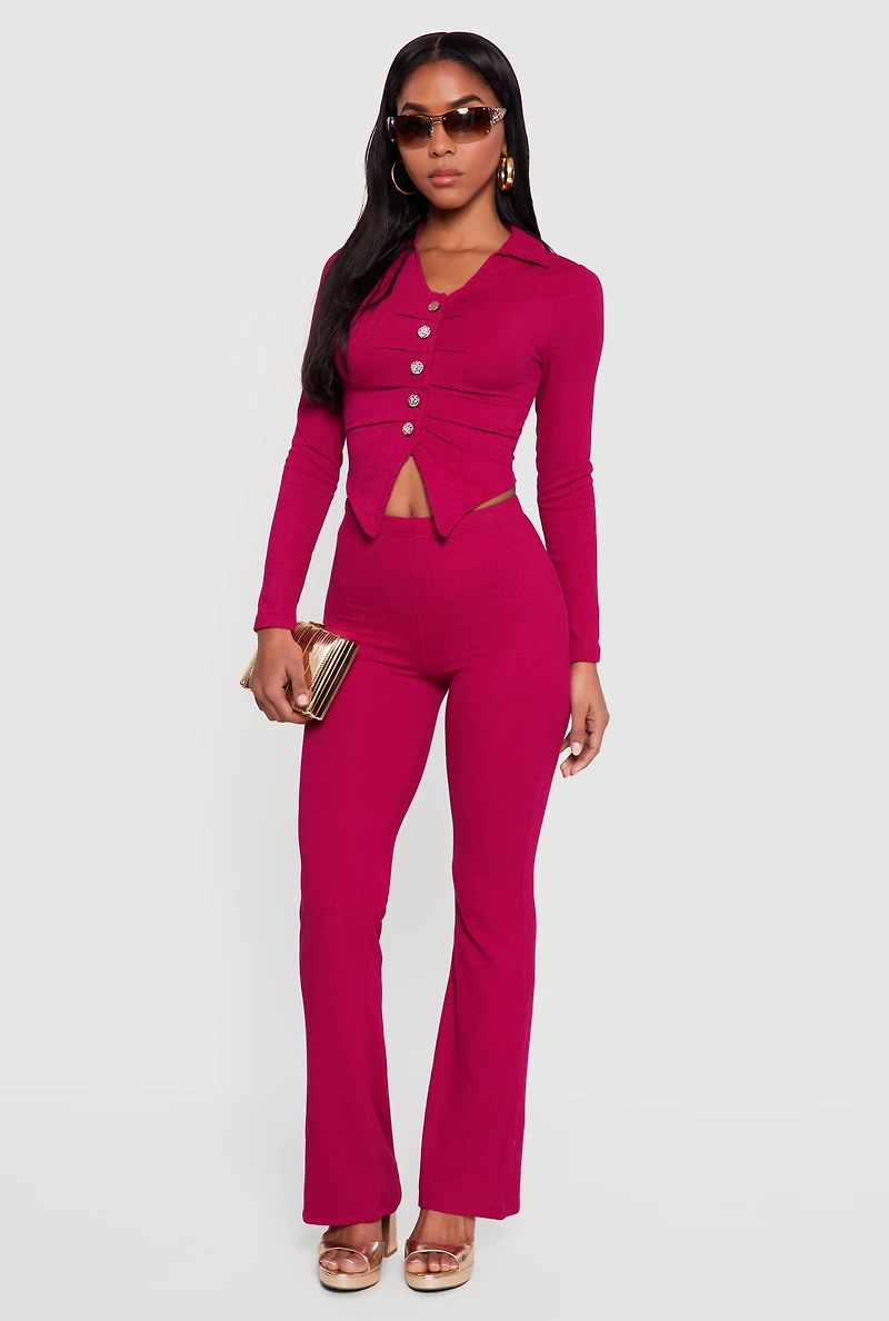 Trendy Ribbed Knit Mid Rise Bootcut Pants