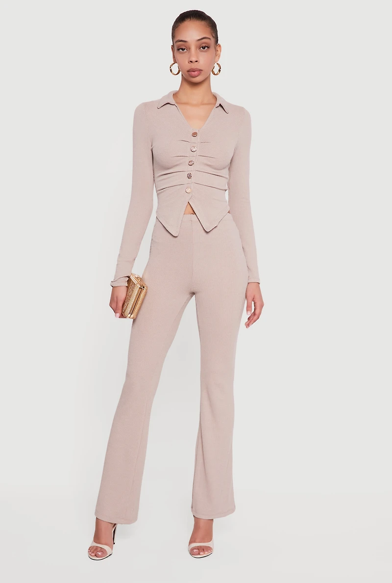 Trendy Ribbed Knit Mid Rise Bootcut Pants