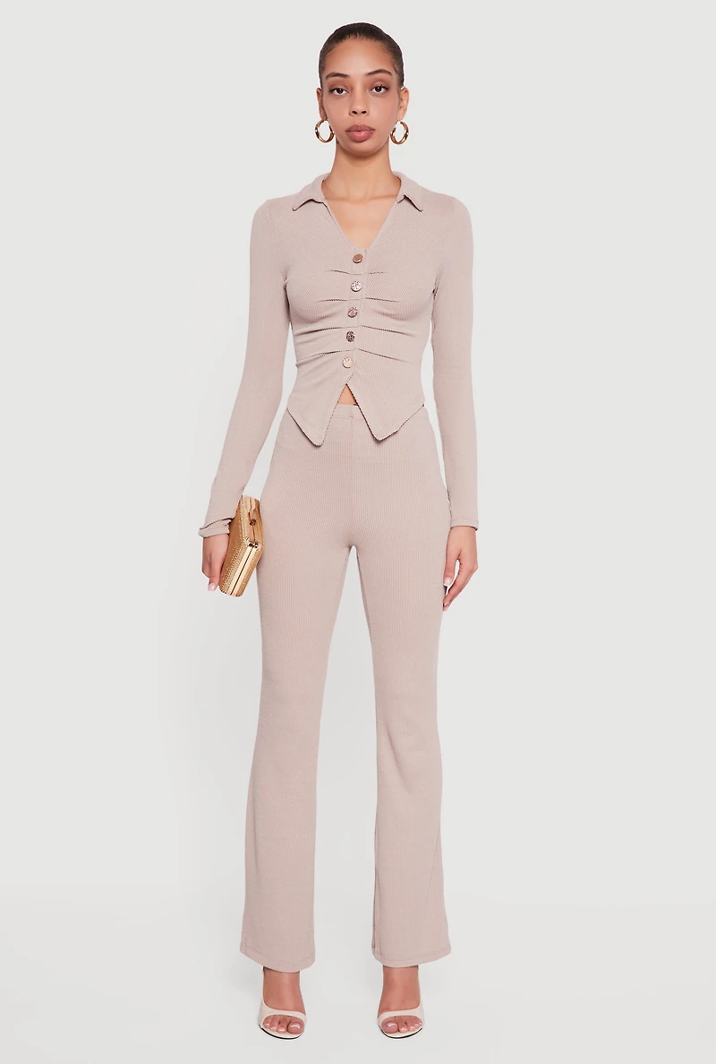 Trendy Ribbed Knit Mid Rise Bootcut Pants