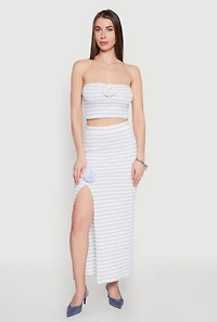 Womens Rosette Detail Striped Maxi Skirt, Blue, Size M