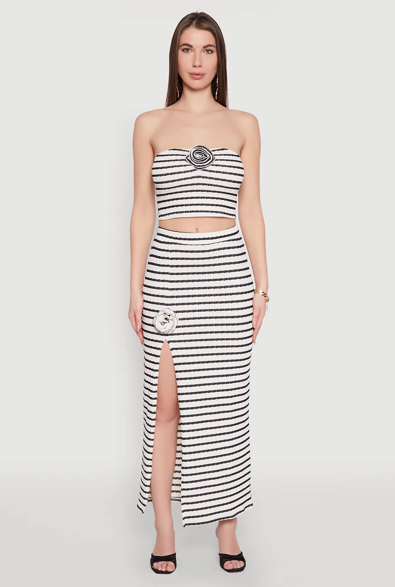 Womens Rosette Detail Striped Maxi Skirt,