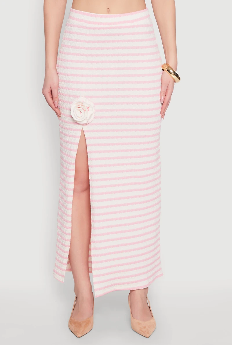 Womens Rosette Detail Striped Maxi Skirt, Pink, Size L