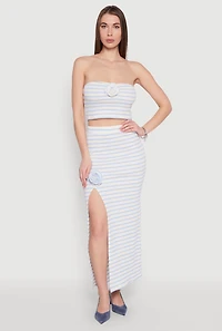 Womens Rosette Detail Striped Tube Top, Blue, Size XL