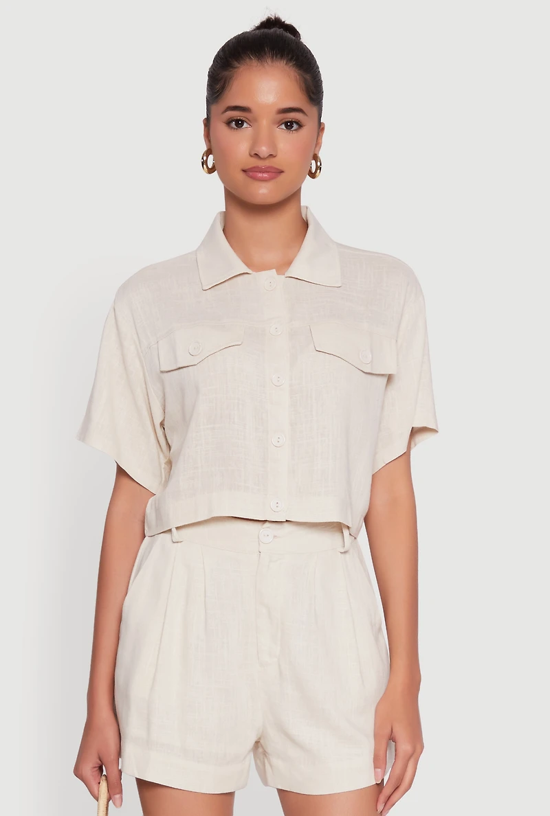 Womens Trendy Linen Flap Detail Button Front Cropped Shirt,