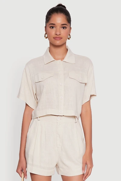 Trendy Linen Flap Detail Button Front Cropped Shirt