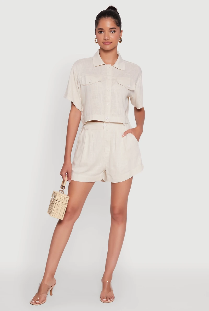 Trendy Linen Flap Detail Button Front Cropped Shirt