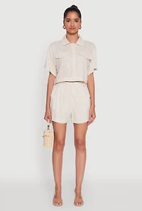 Womens Trendy Linen Flap Detail Button Front Cropped Shirt,