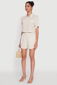 Trendy Linen Flap Detail Button Front Cropped Shirt