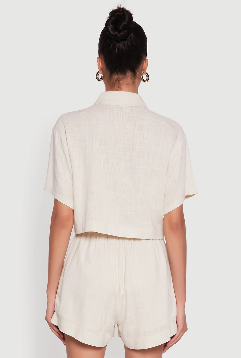 Trendy Linen Flap Detail Button Front Cropped Shirt