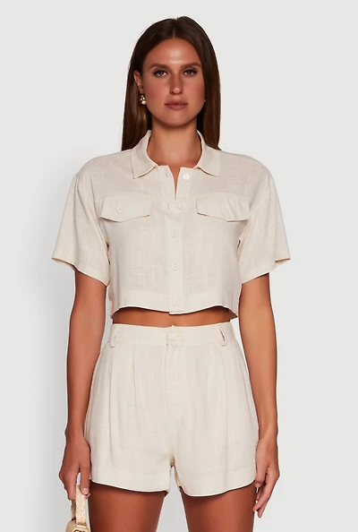 Womens Trendy Linen Flap Detail Button Front Cropped Shirt,