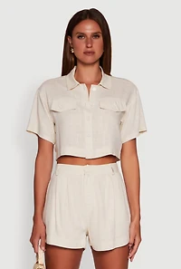 Trendy Linen Flap Detail Button Front Cropped Shirt