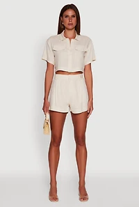 Womens Trendy Linen Flap Detail Button Front Cropped Shirt, Beige, Size M