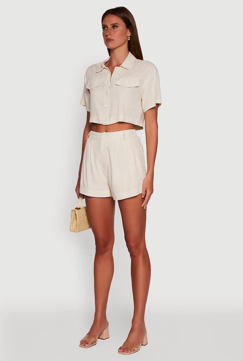 Trendy Linen Flap Detail Button Front Cropped Shirt