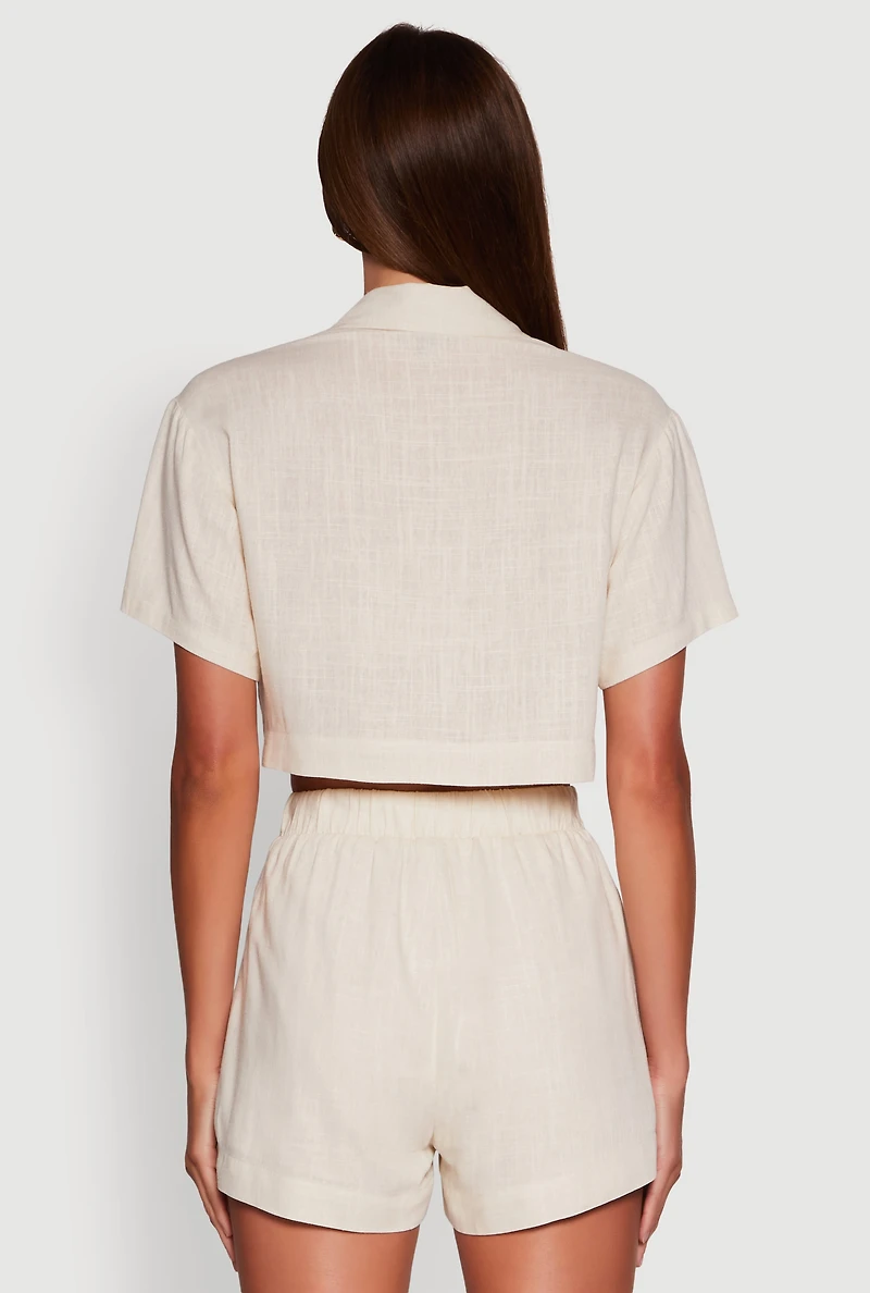 Trendy Linen Flap Detail Button Front Cropped Shirt