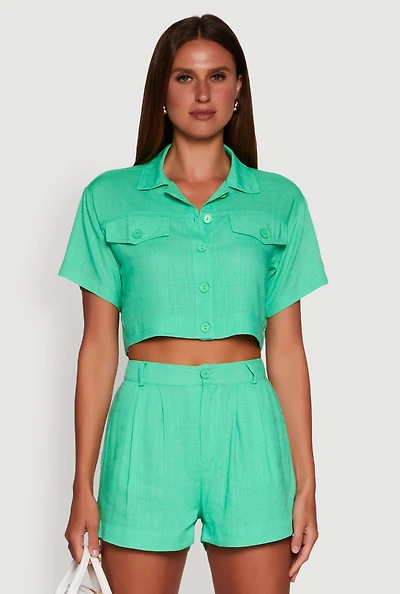 Womens Trendy Linen Flap Detail Button Front Cropped Shirt, Green, Size M
