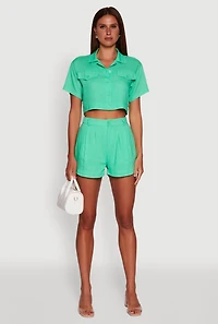Womens Trendy Linen Flap Detail Button Front Cropped Shirt, Green, Size M