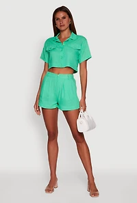 Womens Trendy Linen Flap Detail Button Front Cropped Shirt, Green, Size M