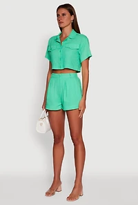 Womens Trendy Linen Flap Detail Button Front Cropped Shirt, Green, Size M
