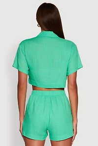 Womens Trendy Linen Flap Detail Button Front Cropped Shirt, Green, Size M