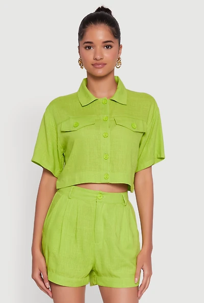 Womens Trendy Linen Flap Detail Button Front Cropped Shirt, L