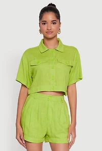 Womens Trendy Linen Flap Detail Button Front Cropped Shirt, M