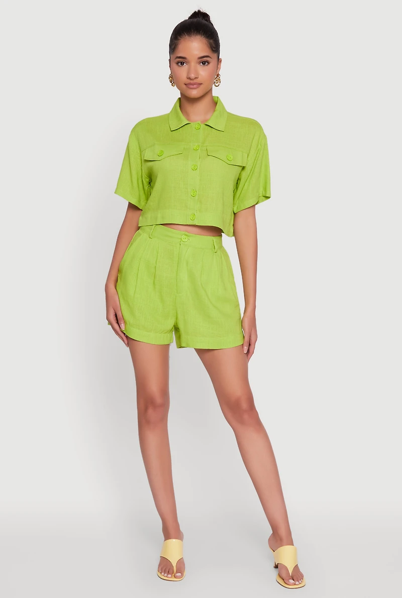 Trendy Linen Flap Detail Button Front Cropped Shirt