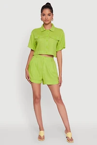 Trendy Linen Flap Detail Button Front Cropped Shirt