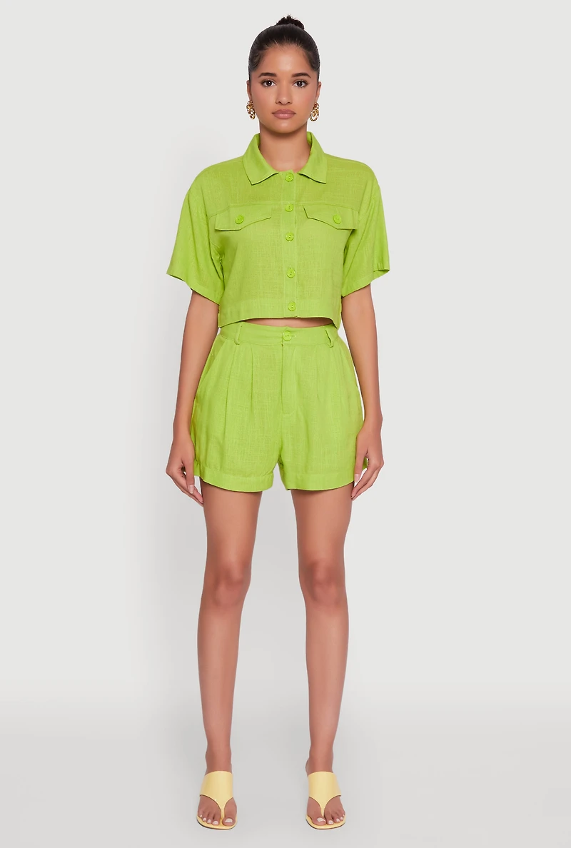 Womens Trendy Linen Flap Detail Button Front Cropped Shirt, L
