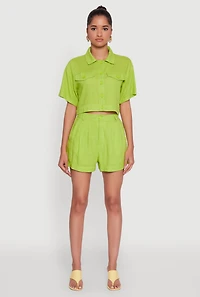 Womens Trendy Linen Flap Detail Button Front Cropped Shirt, L