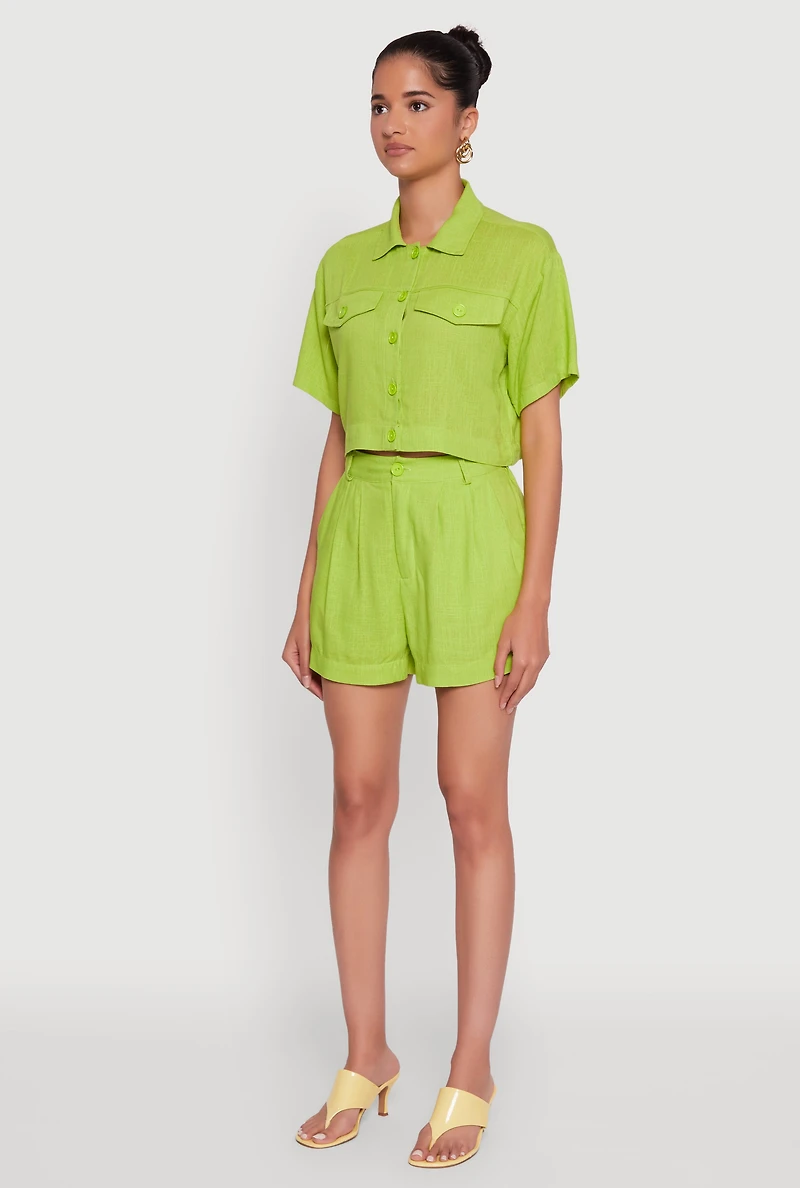 Womens Trendy Linen Flap Detail Button Front Cropped Shirt, L