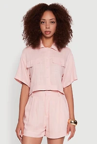 Womens Trendy Linen Flap Detail Button Front Cropped Shirt, Pink, Size XL