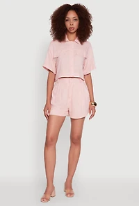Womens Trendy Linen Flap Detail Button Front Cropped Shirt, Pink, Size XL