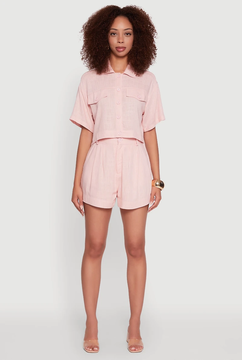 Womens Trendy Linen Flap Detail Button Front Cropped Shirt, Pink, Size XL